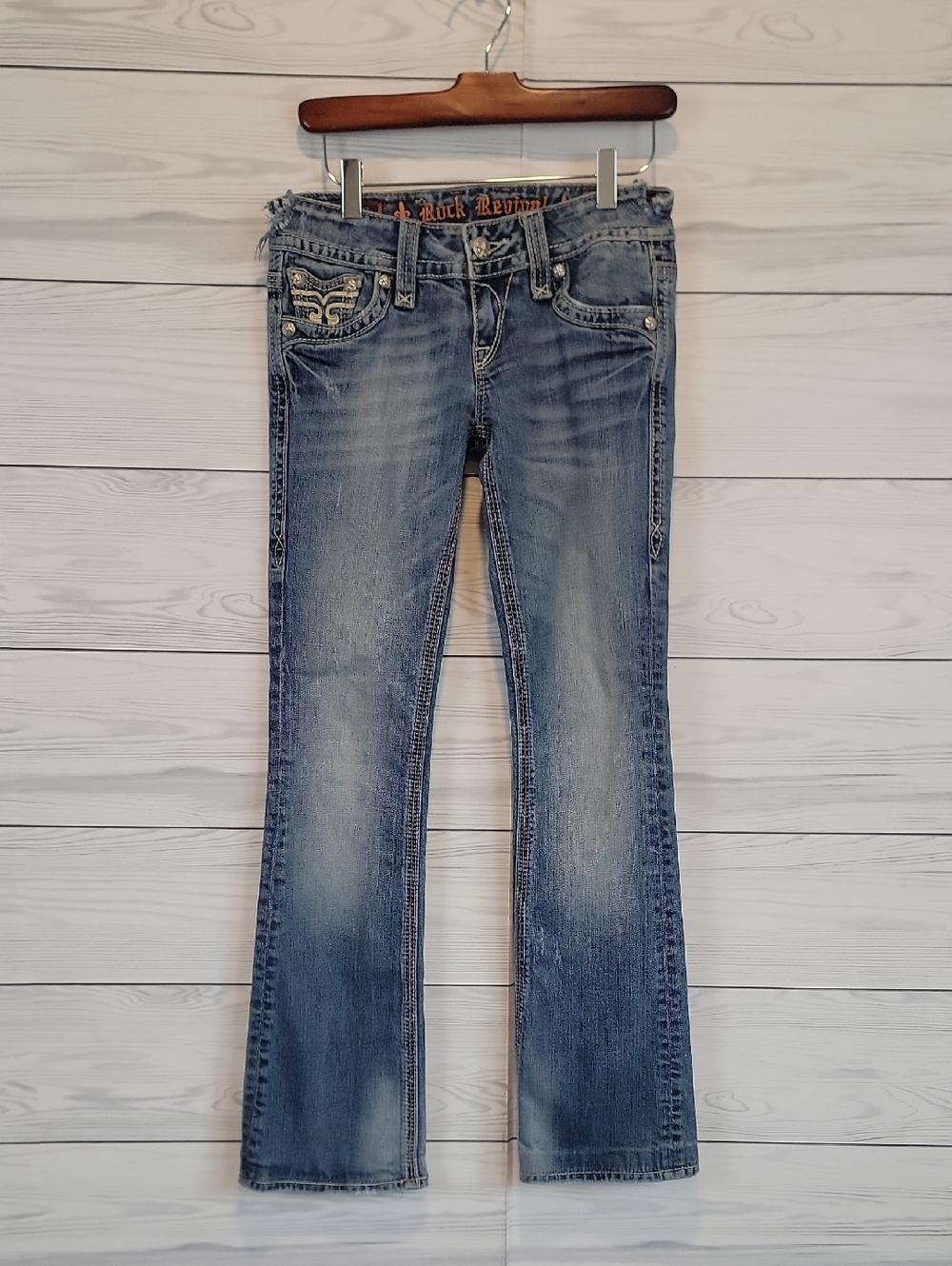 Rock Revival Distressed Waistband Women's Blue Denim Jeans Size Waist 27"